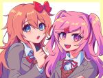  2girls :d :o alternate_hair_length alternate_hairstyle blue_eyes bow brown_hair commentary doki_doki_literature_club eyebrows_visible_through_hair fang finger_to_face hair_between_eyes hair_bow hair_ornament hair_ribbon hairclip index_finger_raised long_hair looking_at_viewer multiple_girls natsuki_(doki_doki_literature_club) open_mouth pink_eyes pink_hair red_bow red_ribbon ribbon sasakama_(sasagaki01) sayori_(doki_doki_literature_club) school_uniform simple_background smile symbol_commentary two_side_up upper_body 