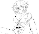  blush breasts cleavage greyscale large_breasts monochrome off_shoulder open_clothes open_shirt persona persona_4 shirogane_naoto shirt short_hair solo spread_legs suta_furachina 