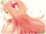  arm_up ayu_(mog) bad_id bad_pixiv_id blonde_hair flower hair_flower hair_ornament hand_on_own_face long_hair nude original petals red_eyes solo wind 