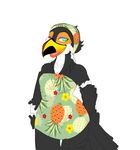  bandanna beak black black_markings dress female green_eyes grey_body looking_at_viewer markings nicolethewulf one_eye_closed open_mouth plain_background solo toucan white_background wink work_in_progress 