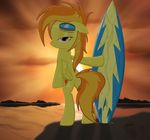  beach bedroom_eyes butt cutie_mark ears equine eyewear female friendship_is_magic goggles hair horse looking_at_viewer multi-colored_hair my_little_pony pegasus pony seaside sky solo spitfire_(mlp) spitshy sunset surfboard tail water wet wings wonderbolts_(mlp) 