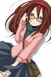  adjusting_hair arm_up bad_id bad_pixiv_id bag blue_eyes brown_hair furusawa_yoriko glasses hairband idolmaster idolmaster_cinderella_girls jacket long_hair mole skirt solo syno 