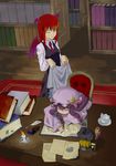  blanket book bookshelf broom candle character_doll closed_eyes covering_with_blanket crescent cup hat head_wings inkwell kirisame_marisa koakuma library long_hair multiple_girls open_book paper patchouli_knowledge purple_hair quill red_hair room sitting sleeping table teacup touhou vanilla_(nekomist) voile wings witch_hat 