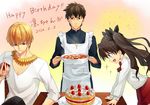  2boys alcohol apron birthday black_hair blonde_hair blue_eyes bracelet brown_eyes brown_hair cake casual child cup cupping_glass drinking_glass fate/zero fate_(series) food gilgamesh hair_ribbon jewelry kotomine_kirei mapo_doufu multiple_boys necklace red_eyes ribbon sparkle tenguu_rio toosaka_rin twintails wine wine_glass younger 