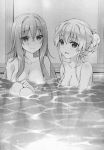  2girls :d blush braid breasts cleavage collarbone eyebrows_visible_through_hair hair_between_eyes highres long_hair medium_breasts multiple_girls novel_illustration nude official_art open_mouth partially_submerged riv seirei_gensouki sitting small_breasts smile tied_hair very_long_hair water 