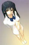  absurdres barefoot black_hair breasts feet from_above full_body highres lipstick long_hair looking_at_viewer looking_up makeup medium_breasts misaki_shizuno navel no_bra open_clothes open_shirt panties purple_eyes shirt simple_background solo standing tanaka_takayuki toes underwear white_panties zegapain 