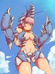  antennae armor blush_stickers breasts cloud day green_eyes large_breasts lobster lobster_girl monster_girl monster_hunter navel outdoors pincers pink_hair shogun_ceanataur short_hair sky solo standing zako_(arvinry) 