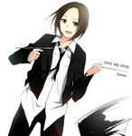  :d akb48 bad_id bad_pixiv_id brown_eyes brown_hair drumsticks english formal give_me_five_(akb48_song) jacket matsui_jurina necktie open_clothes open_jacket open_mouth sao_(0060) short_hair ske48 smile 