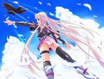  ass bird braid cloud day feathers from_behind from_below ia_(vocaloid) long_hair mismatched_legwear n2m3 off_shoulder panties pink_hair single_sock single_thighhigh skirt sky smile socks solo striped striped_legwear striped_panties thigh_strap thighhighs underwear very_long_hair vocaloid 