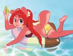  bikini blue_eyes breasts butt clothed clothing cute female fur hindpaw jam_(miu) looking_at_viewer miu paws plantigrade red_fur skimpy soles solo squirt_gun swimsuit toes water 