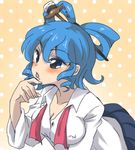  alternate_costume blue_eyes blue_hair blush breasts cleavage contemporary covered_nipples drill_hair eromame hair_ornament hair_rings hair_stick kaku_seiga leaning_forward medium_breasts open_collar polka_dot polka_dot_background school_uniform skirt solo touhou twin_drills twintails 