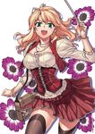  :d bag black_legwear blonde_hair breasts caroline cleavage corset flower frilled_skirt frills green_eyes handbag highres jewelry large_breasts long_hair necklace open_mouth pointer puffy_sleeves skirt smile solo soo-hyon_lee thighhighs unbalance_unbalance wand watch wristwatch 
