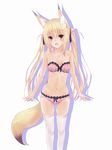  animal_ears bare_shoulders blonde_hair bra brown_eyes collarbone fang groin highres lingerie long_hair looking_at_viewer navel open_mouth original panties pink_panties second_heaven simple_background solo tail thighhighs twintails underwear underwear_only white_background white_legwear 