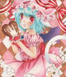  adapted_costume bare_shoulders bat_wings blue_hair bow brooch checkered checkered_background chocolate eyelashes fang frills hat heart holding jewelry looking_at_viewer mizame open_mouth puffy_sleeves red_eyes remilia_scarlet ribbon shikishi short_sleeves solo touhou traditional_media valentine wings wrist_cuffs 