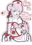  &lt;3 anthro anthrofied blue_eyes breasts cleavage clipboard clothed clothing female friendship_is_magic fur hair hi_res kneeling medical medicine my_little_pony nurse nurse_hat nurse_redheart_(mlp) nurse_uniform one_eye_closed open_mouth pink_hair plain_background shydeathkitty signature solo syringe text thermometer white white_background white_fur 