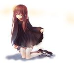  ballet_slippers black_dress brown_hair dress grey_legwear kneeling long_hair miya_(tsumazukanai) original pantyhose shadow shoe_ribbon silver_eyes simple_background skirt skirt_lift solo strap very_long_hair 