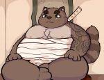  2019 absurd_res anthro belly brown_fur canid canine fur green_eyes hi_res humanoid_hands japanese_text kusosensei male mammal moobs nipples obese overweight overweight_male raccoon_dog scar sitting solo tanuki tattoo text 