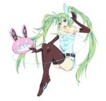  absurdres bad_id bad_pixiv_id bare_shoulders black_legwear blue_eyes elbow_gloves gloves green_hair hatsune_miku highres instrument keyboard_(instrument) long_hair looking_at_viewer open_mouth shorts simple_background smile solo thighhighs twintails very_long_hair vocaloid zombie_neko 