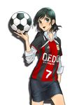  ball black_eyes black_hair brown_hair giant_killing nagata_yuri open_mouth short_hair skirt soccer soccer_ball soccer_uniform solo sport_uniform sportswear uniform 