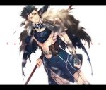  alternate_costume bad_id bad_pixiv_id blue_hair cape dutch_angle earrings fate/stay_night fate_(series) fur_trim gae_bolg hiramatsu_(rama) jewelry lancer letterboxed long_hair male_focus pauldrons polearm ponytail red_eyes smile solo spear vambraces weapon 