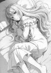  1girl barefoot bed_sheet dress eyebrows_visible_through_hair frilled_sleeves frills greyscale hair_between_eyes highres long_dress long_hair long_sleeves looking_at_viewer lying monochrome novel_illustration off-shoulder_dress off_shoulder official_art on_side pillow riv seirei_gensouki shiny shiny_hair solo very_long_hair 