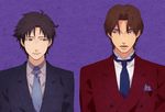  bangs black_hair blue_eyes business_suit fate/zero fate_(series) formal hazuki_jun male_focus matou_kariya multiple_boys necktie parted_bangs purple_background purple_eyes ribbon suit toosaka_tokiomi 