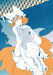  animal_ears barefoot blue breasts closed_eyes feet flat_color fox_ears fox_tail hair_censor hat medium_breasts monochrome multiple_tails nakatani_nio orange_hair short_hair sideboob solo spot_color tail touhou yakumo_ran yellow yellow_eyes 