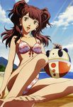  absurdres ball barefoot beach beachball bikini brown_hair cloud collarbone day earrings feet front-tie_top highres jewelry kujikawa_rise kuma_(persona_4) legs light_rays long_hair looking_at_viewer nakahara_kiyotaka nyantype ocean official_art open_mouth outdoors persona persona_4 persona_4_the_animation scan sitting sky solo sunbeam sunlight swimsuit toes water 