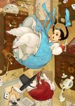  alice_(wonderland) alice_in_wonderland board_game book braid brown_hair bunny falling flower gat_(korean_traditional_hat) hanbok hat korean_clothes mahjong mahjong_tile nayoung_wooh open_mouth pouring ribbon teapot twin_braids white_rabbit 