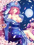  absurdres bad_id bad_pixiv_id bare_legs bare_shoulders breasts cherry_blossoms cup hat highres in_tree japanese_clothes kimono large_breasts legs nipples no_bra obi off_shoulder petals pink_eyes pink_hair saigyouji_yuyuko sash short_hair sitting sitting_in_tree solo touhou tree triangular_headpiece xiaoai 