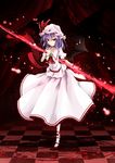  ascot bat_wings blood blue_hair brooch cloudy.r dress hand_on_own_chest hat highres jewelry polearm red_eyes remilia_scarlet ribbon short_hair smile solo spear spear_the_gungnir touhou weapon wings wrist_cuffs 