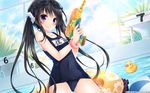  7gear black_hair blush character_name goggles goggles_on_head hatachi highres holding hotchkiss innertube long_hair one-piece_swimsuit pool purple_eyes rubber_duck school_swimsuit smile solo sumiyoshi_nana swimsuit translated twintails wallpaper water water_gun 