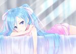  aqua_hair bad_id bad_pixiv_id bare_shoulders bed blue_eyes camisole hair_ribbon hand_on_own_shoulder hatsune_miku kyuri light_rays long_hair looking_at_viewer lying on_stomach panties pink_panties ribbon solo sunbeam sunlight twintails underwear vocaloid 