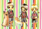  3boys akasaki_ryo animal black_hair brown_eyes brown_hair chibi crossed_arms dog giant_killing hand_on_hip hips male male_focus multiple_boys open_mouth sera_kyohei serious short_hair smile soccer soccer_uniform sport_uniform sportswear striped tsubaki_daisuke uniform 