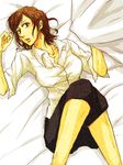  bed brown_eyes brown_hair female giant_killing laying_on_bed looking_at_viewer nagata_yuri open_mouth short_hair solo 