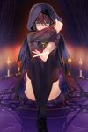  a-ga banned_artist black_legwear brooch brown_hair candle cape curtains darkness green_eyes holding hood jewelry long_hair lowres magic_circle outstretched_arm pointing reum sitting solo sword_girls thighhighs 