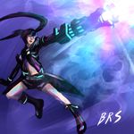  1girl arm_cannon black_hair black_rock_shooter black_rock_shooter_(character) boots burning_eye coat glowing highres long_hair rock_cannon shorts solo twintails weapon zipper 