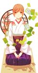  ayase_chihaya brown_eyes brown_hair card chihayafuru japanese_clothes kimono kneeling leaf leaves maple_leaf ponytail smile solo traditional_clothes 