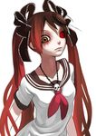  bad_id bad_pixiv_id black_hair bow brown_eyes calne_ca crustacean fkey gradient_hair hair_bow hair_ribbon hatsune_miku heterochromia highres isopod jewelry lips long_hair looking_at_viewer multicolored_hair necklace red_eyes red_hair ribbon saikin_osen_-_bacterial_contamination_-_(vocaloid) sailor_collar school_uniform serafuku skull solo twintails vocaloid white_background 