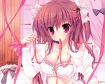  blush bra brown_hair cleavage dengeki_moeoh mitha open_shirt original ribbons underwear 