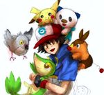  1boy animal baseball_cap bird black_eyes black_hair blue_eyes blush_stickers brown_eyes carry carrying child fangs fingerless_gloves gloves green_skin happy hat hug lowres male male_focus oshawott perch pidove pikachu pokemon red_nose satoshi_(pokemon) smile snivy solo tepig yellow_eyes 