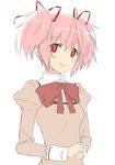  bow bowtie hair_ribbon kaname_madoka looking_at_viewer mahou_shoujo_madoka_magica meet pink_eyes pink_hair red_eyes ribbon school_uniform short_hair simple_background sketch smile solo twintails upper_body white_background 