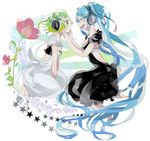  aqua_hair bad_id bad_pixiv_id bare_back barefoot black_dress chidori_(@rom) closed_eyes dress frills green_eyes green_hair gumi hatsune_miku headphones long_hair multiple_girls open_mouth sitting tears twintails very_long_hair vocaloid white_dress 