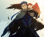  alternate_costume bad_id bad_pixiv_id bird black_gloves blue_hair cape eagle fate/stay_night fate_(series) feathers gae_bolg gloves lancer long_hair male_focus moco5525 ponytail red_eyes solo 