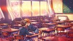  1girl ai_ai_gasa arm_support bad_id bad_pixiv_id blazer brown_hair chair chalkboard cherry_blossoms classroom closed_eyes couple curtains desk floor hair_ornament hairclip hetero jacket kiss leaning_forward light_rays original pants peach_(momozen) petals school_desk school_uniform short_hair sitting skirt sunbeam sunlight sunset table translated twilight window 