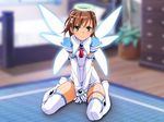  boots cosplay djibril_aries djibril_aries_(cosplay) elbow_gloves gloves makai_tenshi_djibril misaka_mikoto solo thigh_boots thighhighs third-party_edit to_aru_kagaku_no_railgun to_aru_majutsu_no_index wings 