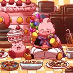  cake candy checkerboard_cookie chewing_gum chocolate chocolate_cake closed_eyes cookie crossover cupcake doughnut dragon_ball dragon_ball_z drinking_straw food food_on_face fruit full_body glass gumball kirby kirby_(series) majin_buu muffin no_humans pink_skin sayonara_gerongeron sitting smile strawberry strawberry_shortcake trait_connection 