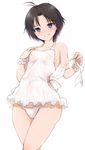  antenna_hair apron bare_shoulders black_hair blue_eyes covered_nipples flat_chest grin hips idolmaster idolmaster_(classic) kikuchi_makoto looking_at_viewer maruwa_tarou panties see-through short_hair simple_background smile solo underwear white_background white_panties wide_hips 