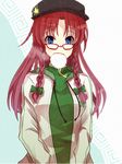  alternate_costume alternate_headwear baozi bespectacled blue_eyes bow braid china_dress chinese_clothes contemporary dress food glasses hair_bow hands_in_pockets hong_meiling hood hoodie long_hair meet mouth_hold open_clothes open_hoodie red-framed_eyewear red_hair simple_background solo touhou twin_braids upper_body 