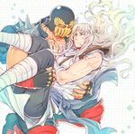  bandages black_hair blue_eyes brothers carrying facial_hair fingerless_gloves gloves helmet hokuto_no_ken jagi koshiro_itsuki long_hair male_focus multiple_boys muscle princess_carry siblings toki_(hokuto_no_ken) white_hair 